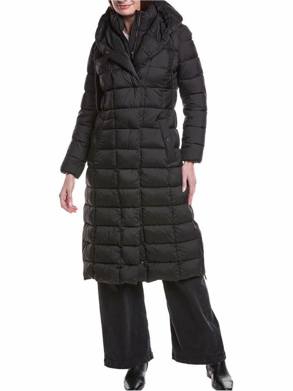 Kenneth Cole Black Long Quilted Puffer Coat with Hood